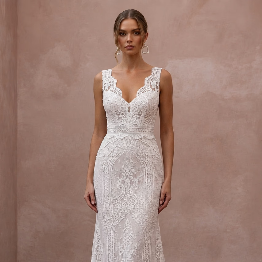 Classic Lace Column Wedding Dress with V - Neck - Apparel & Accessories > Clothing > Wedding & Bridal Party Dresses > Wedding Dresses - Mignonette Bridal