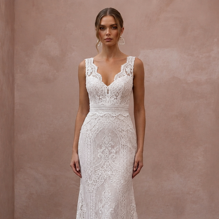 Classic Lace Column Wedding Dress with V - Neck - Apparel & Accessories > Clothing > Wedding & Bridal Party Dresses > Wedding Dresses - Mignonette Bridal