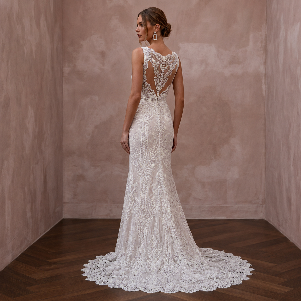 Classic Lace Column Wedding Dress with V - Neck - Apparel & Accessories > Clothing > Wedding & Bridal Party Dresses > Wedding Dresses - Mignonette Bridal
