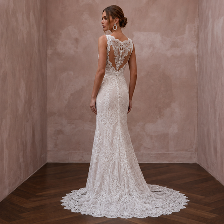 Classic Lace Column Wedding Dress with V - Neck - Apparel & Accessories > Clothing > Wedding & Bridal Party Dresses > Wedding Dresses - Mignonette Bridal