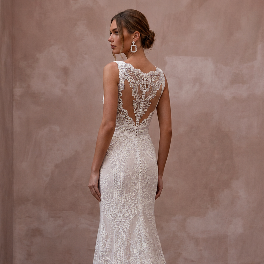 Classic Lace Column Wedding Dress with V - Neck - Apparel & Accessories > Clothing > Wedding & Bridal Party Dresses > Wedding Dresses - Mignonette Bridal