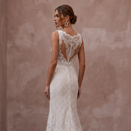 Classic Lace Column Wedding Dress with V - Neck - Apparel & Accessories > Clothing > Wedding & Bridal Party Dresses > Wedding Dresses - Mignonette Bridal