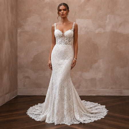 Classic Lace Mermaid Wedding Dress with Beaded Bodice - Apparel & Accessories > Clothing > Wedding & Bridal Party Dresses > Wedding Dresses - Mignonette Bridal