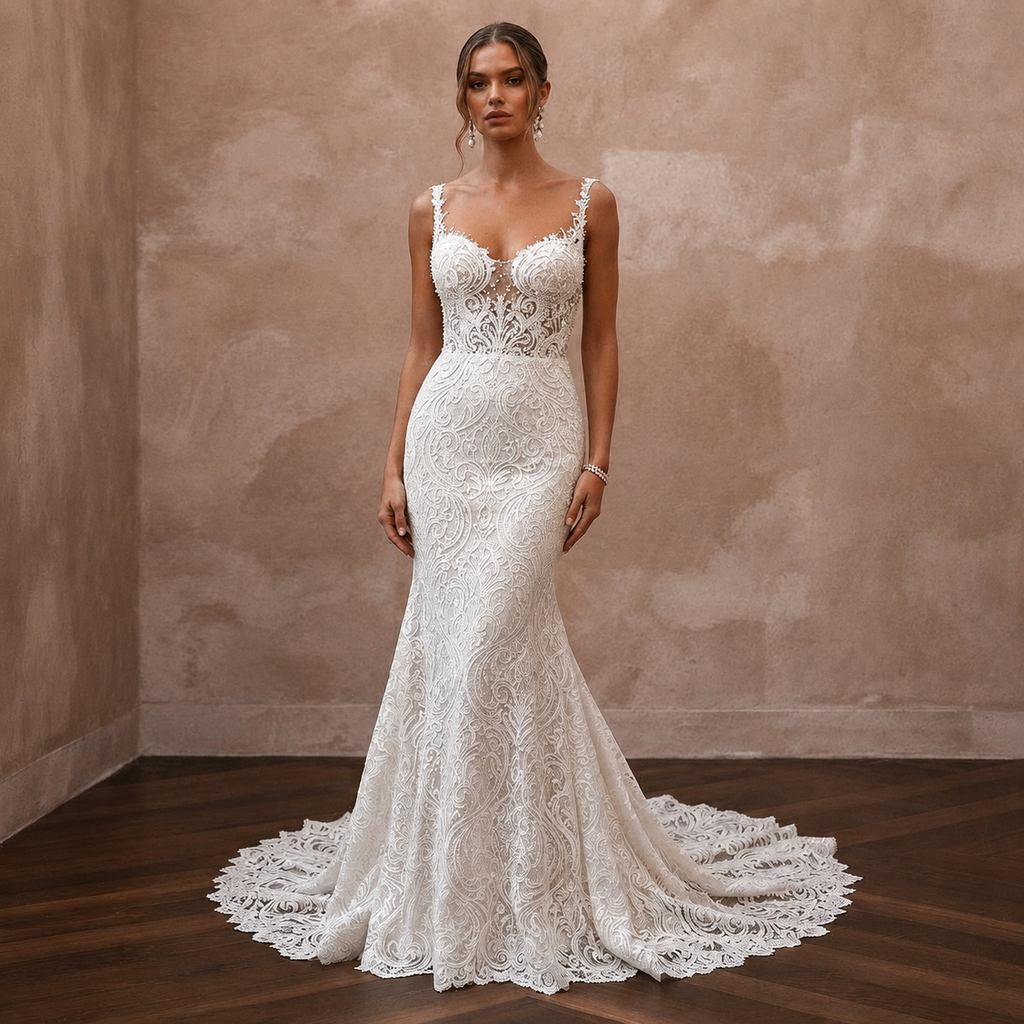 Classic Lace Mermaid Wedding Dress with Beaded Bodice