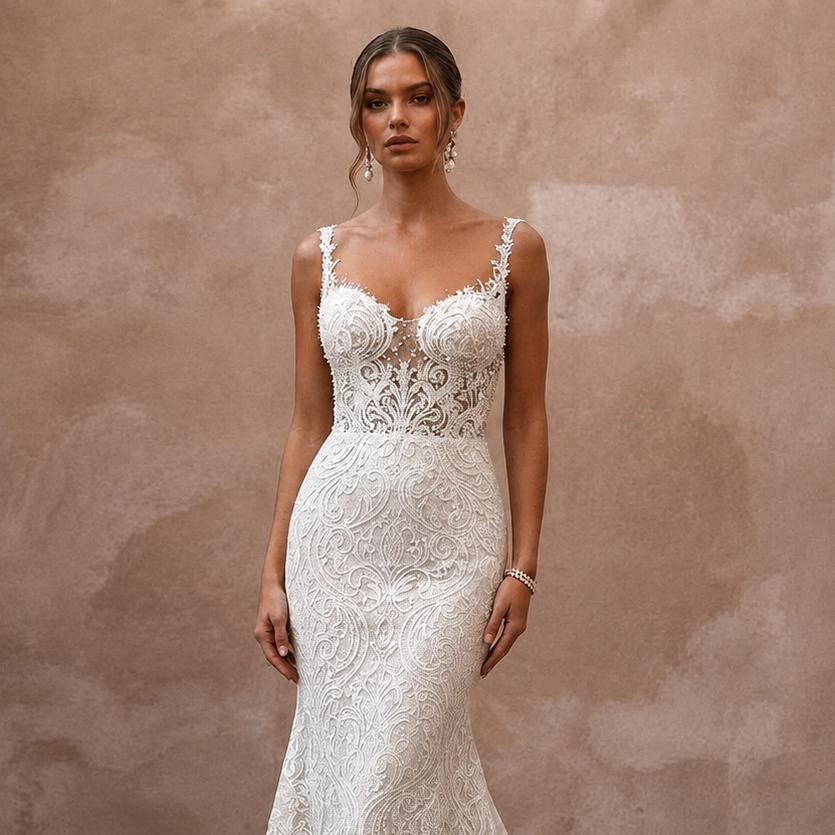 Classic Lace Mermaid Wedding Dress with Beaded Bodice