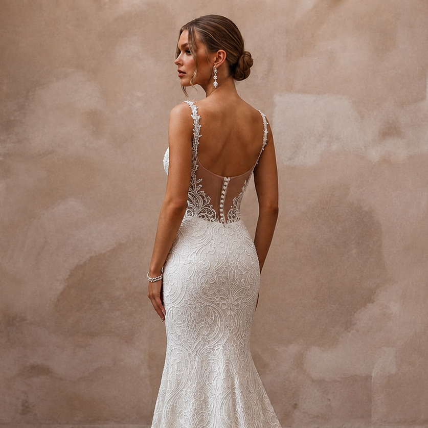 Classic Lace Mermaid Wedding Dress with Beaded Bodice - Apparel & Accessories > Clothing > Wedding & Bridal Party Dresses > Wedding Dresses - Mignonette Bridal