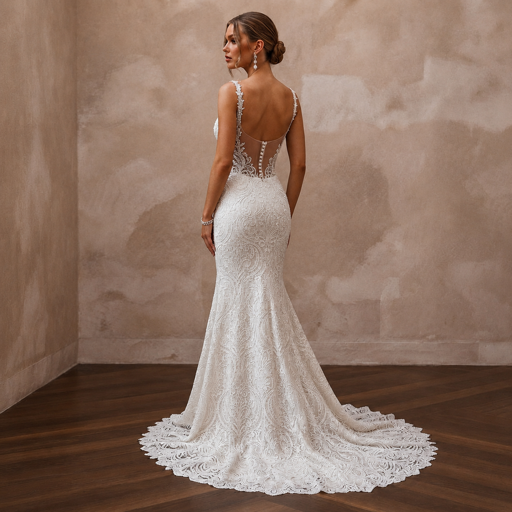 Classic Lace Mermaid Wedding Dress with Beaded Bodice