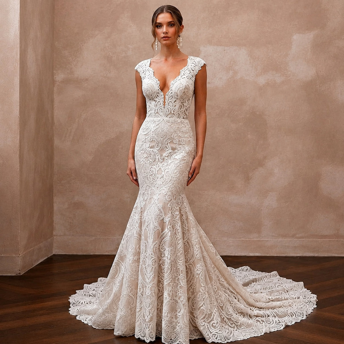 Classic Lace Mermaid Wedding Dress with V - Neck - Apparel & Accessories > Clothing > Wedding & Bridal Party Dresses > Wedding Dresses - Mignonette Bridal Main image