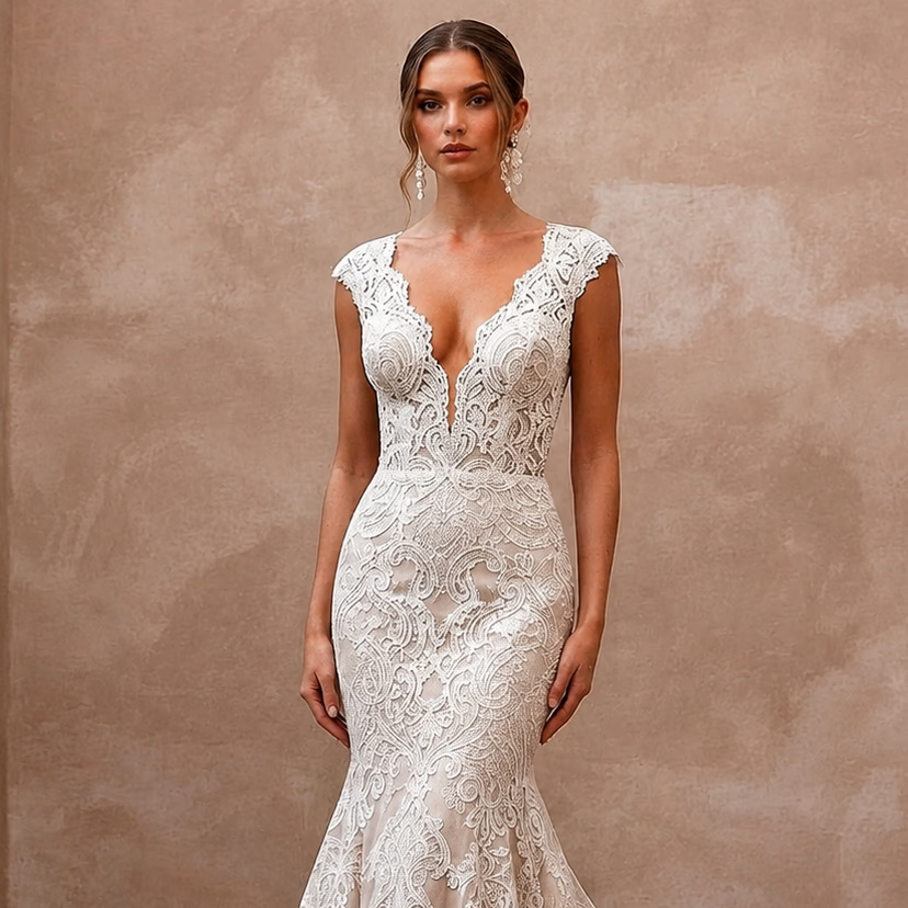 Classic Lace Mermaid Wedding Dress with V - Neck - Apparel & Accessories > Clothing > Wedding & Bridal Party Dresses > Wedding Dresses - Mignonette Bridal
