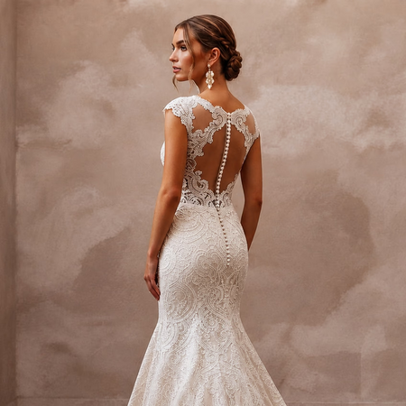 Classic Lace Mermaid Wedding Dress with V - Neck - Apparel & Accessories > Clothing > Wedding & Bridal Party Dresses > Wedding Dresses - Mignonette Bridal