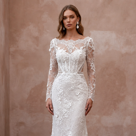 Classic Lace Sheath Wedding Dress with Long Sleeves - Apparel & Accessories > Clothing > Wedding & Bridal Party Dresses > Wedding Dresses - Mignonette Bridal