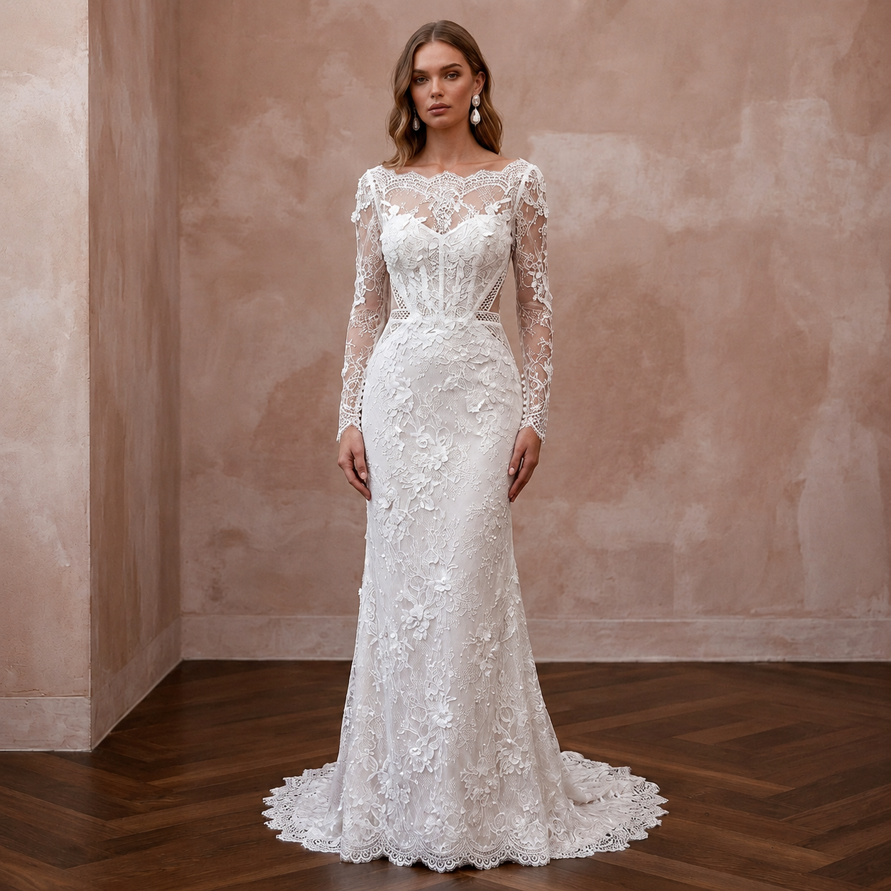 Classic Lace Sheath Wedding Dress with Long Sleeves - Apparel & Accessories > Clothing > Wedding & Bridal Party Dresses > Wedding Dresses - Mignonette Bridal