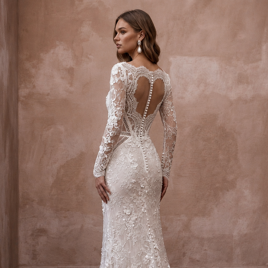 Classic Lace Sheath Wedding Dress with Long Sleeves - Apparel & Accessories > Clothing > Wedding & Bridal Party Dresses > Wedding Dresses - Mignonette Bridal