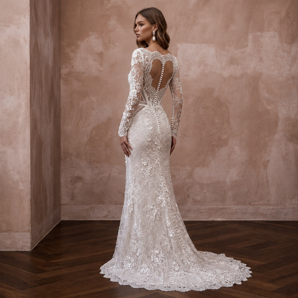 Classic Lace Sheath Wedding Dress with Long Sleeves - Apparel & Accessories > Clothing > Wedding & Bridal Party Dresses > Wedding Dresses - Mignonette Bridal