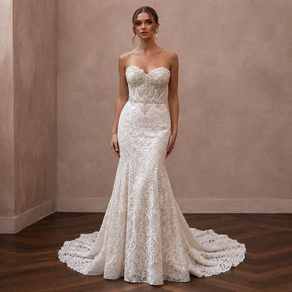 Classic Lace Trumpet Wedding Dress with Beaded Bodice - Apparel & Accessories > Clothing > Wedding & Bridal Party Dresses > Wedding Dresses - Mignonette Bridal
