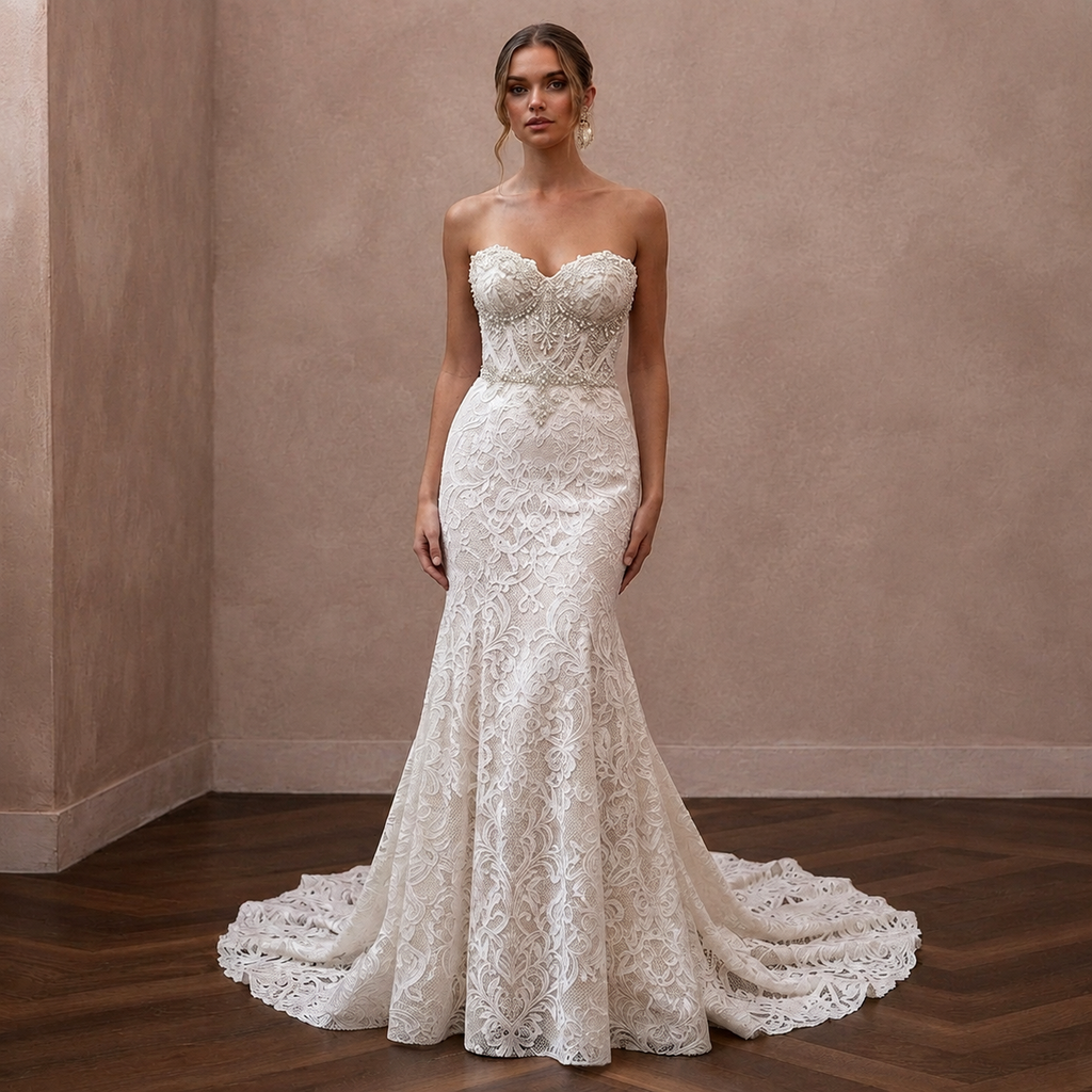 Classic Lace Trumpet Wedding Dress with Beaded Bodice - Apparel & Accessories > Clothing > Wedding & Bridal Party Dresses > Wedding Dresses - Mignonette Bridal