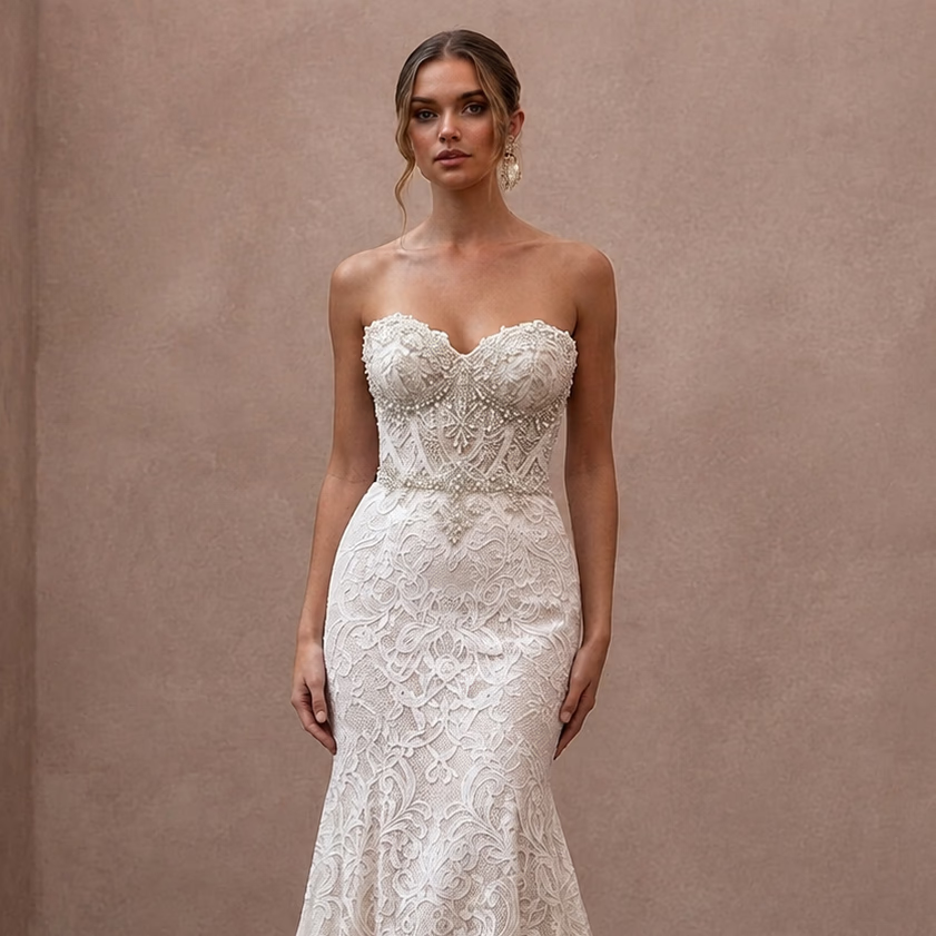 Classic Lace Trumpet Wedding Dress with Beaded Bodice - Apparel & Accessories > Clothing > Wedding & Bridal Party Dresses > Wedding Dresses - Mignonette Bridal