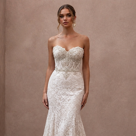 Classic Lace Trumpet Wedding Dress with Beaded Bodice - Apparel & Accessories > Clothing > Wedding & Bridal Party Dresses > Wedding Dresses - Mignonette Bridal