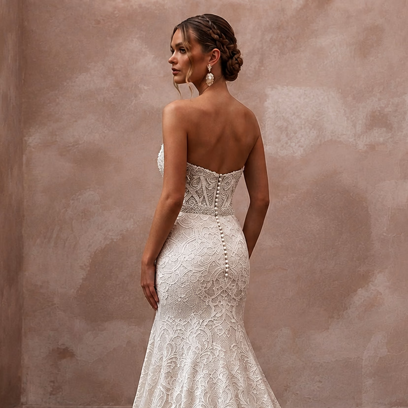 Classic Lace Trumpet Wedding Dress with Beaded Bodice - Apparel & Accessories > Clothing > Wedding & Bridal Party Dresses > Wedding Dresses - Mignonette Bridal