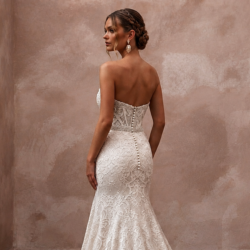 Classic Lace Trumpet Wedding Dress with Beaded Bodice - Apparel & Accessories > Clothing > Wedding & Bridal Party Dresses > Wedding Dresses - Mignonette Bridal