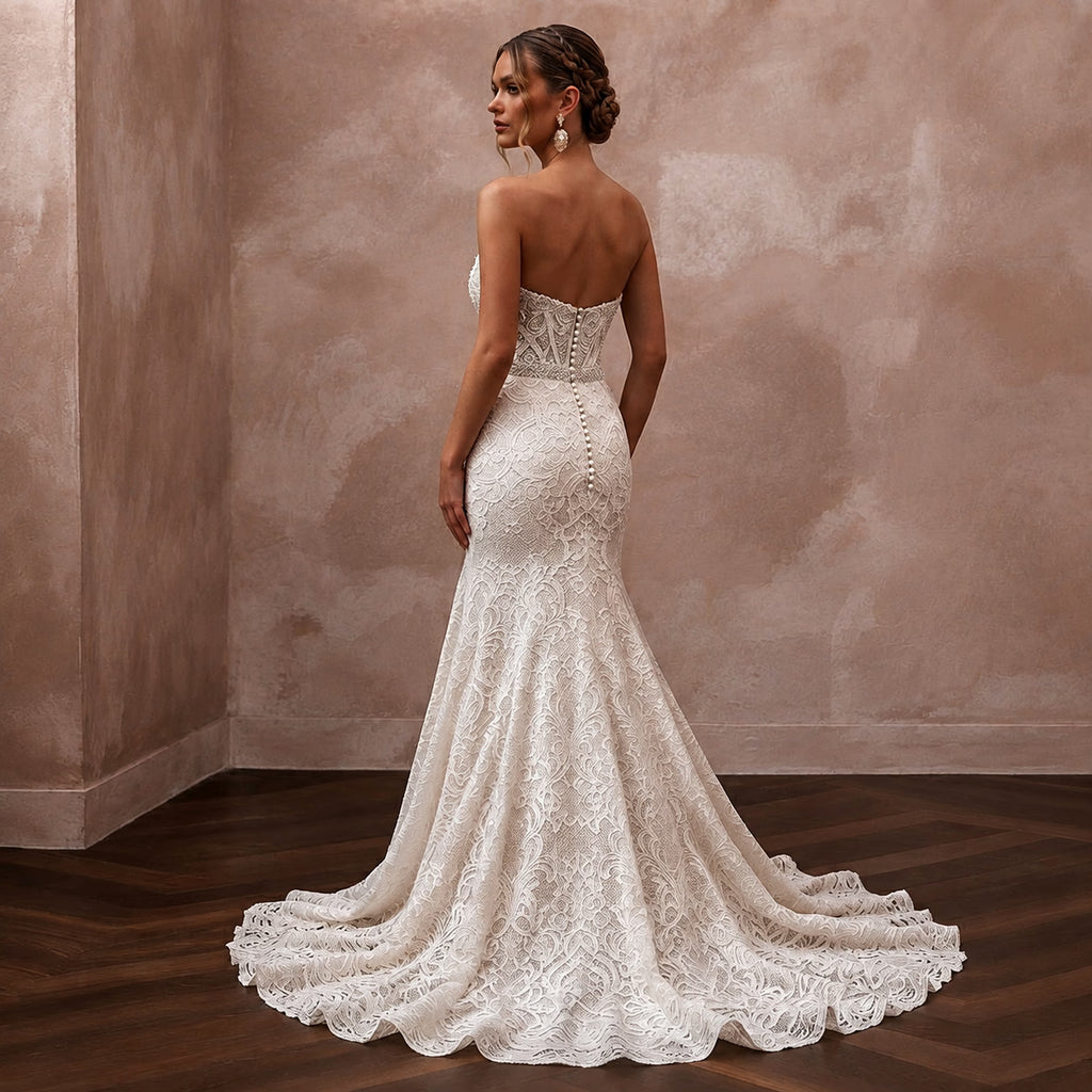 Classic Lace Trumpet Wedding Dress with Beaded Bodice - Apparel & Accessories > Clothing > Wedding & Bridal Party Dresses > Wedding Dresses - Mignonette Bridal
