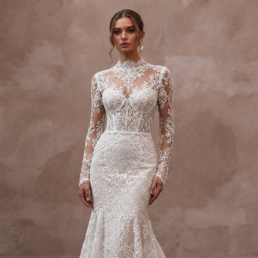 Classic Lace Trumpet Wedding Dress with Long Sleeves - Apparel & Accessories > Clothing > Wedding & Bridal Party Dresses > Wedding Dresses - Mignonette Bridal