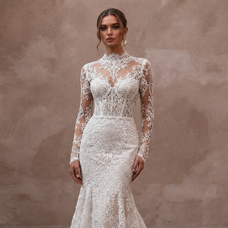 Classic Lace Trumpet Wedding Dress with Long Sleeves - Apparel & Accessories > Clothing > Wedding & Bridal Party Dresses > Wedding Dresses - Mignonette Bridal