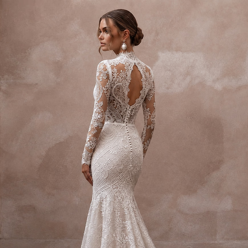 Classic Lace Trumpet Wedding Dress with Long Sleeves - Apparel & Accessories > Clothing > Wedding & Bridal Party Dresses > Wedding Dresses - Mignonette Bridal