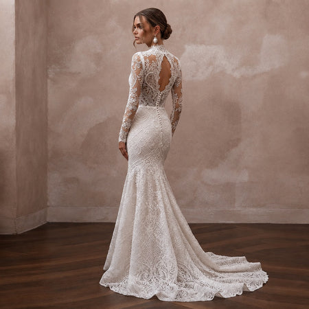 Classic Lace Trumpet Wedding Dress with Long Sleeves - Apparel & Accessories > Clothing > Wedding & Bridal Party Dresses > Wedding Dresses - Mignonette Bridal