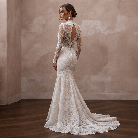 Classic Lace Trumpet Wedding Dress with Long Sleeves - Apparel & Accessories > Clothing > Wedding & Bridal Party Dresses > Wedding Dresses - Mignonette Bridal