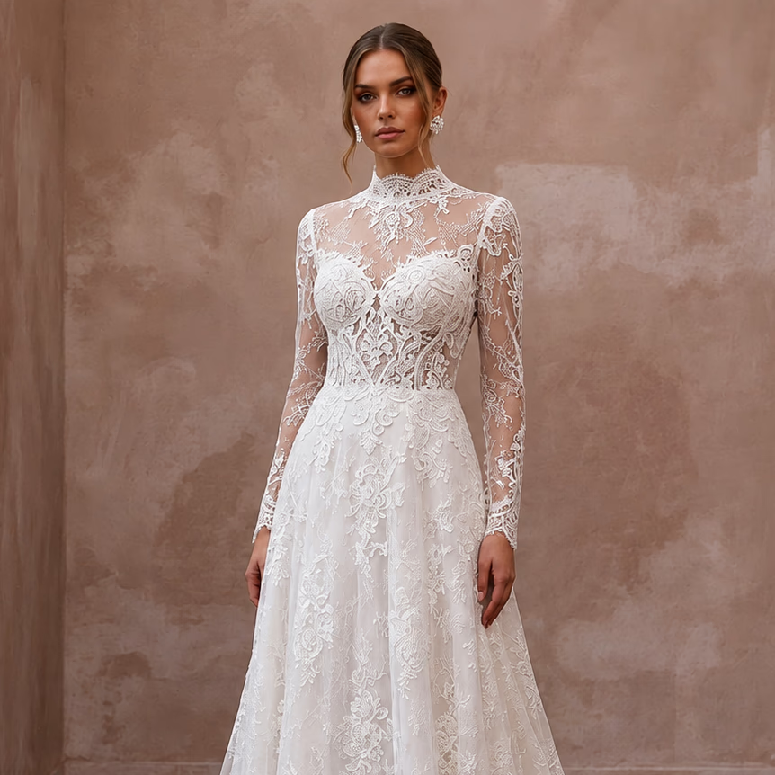 Classic Lace Wedding Dress with Long Sleeves for a Second Wedding