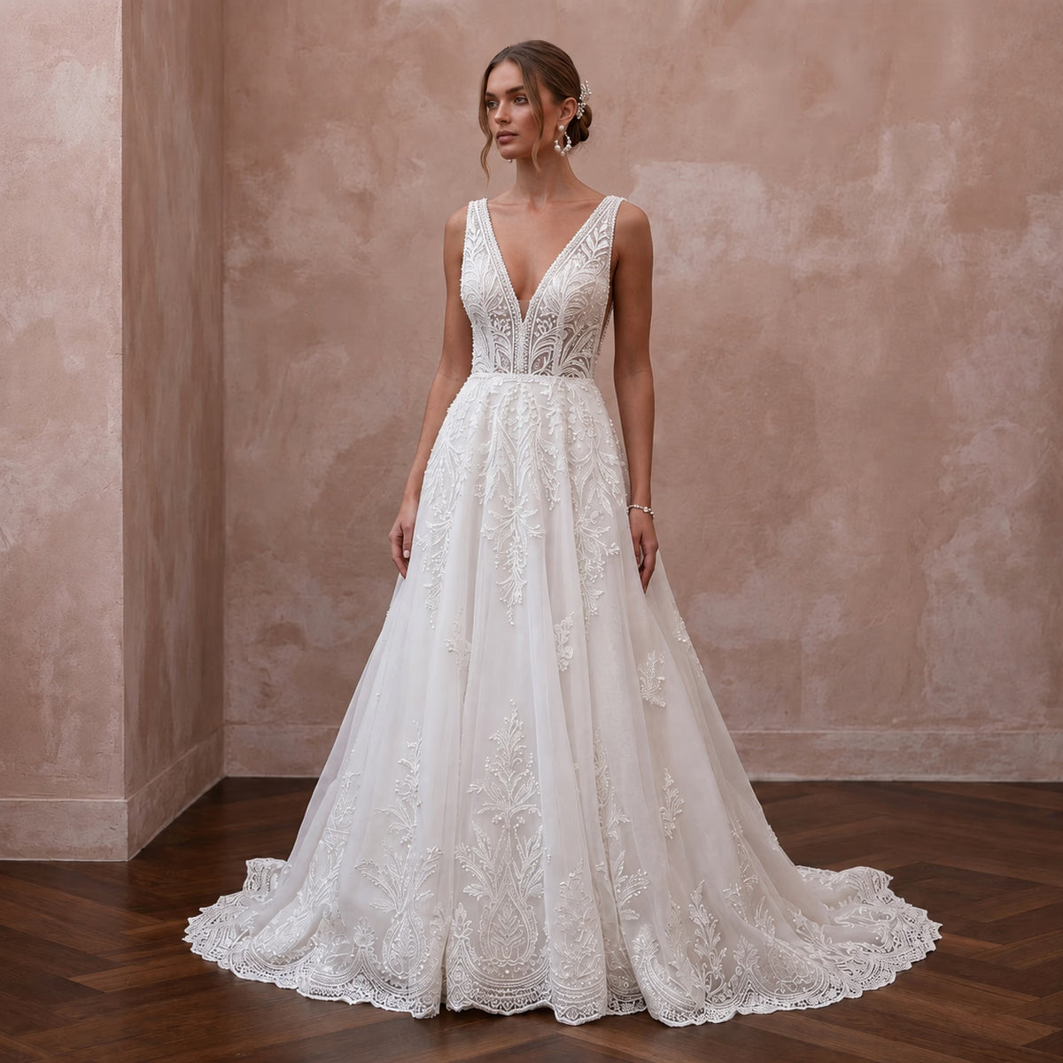 Classic Lace Wedding Dress with V - Neck and A - Line Silhouette - Apparel & Accessories > Clothing > Wedding & Bridal Party Dresses > Wedding Dresses - Mignonette Bridal Main image