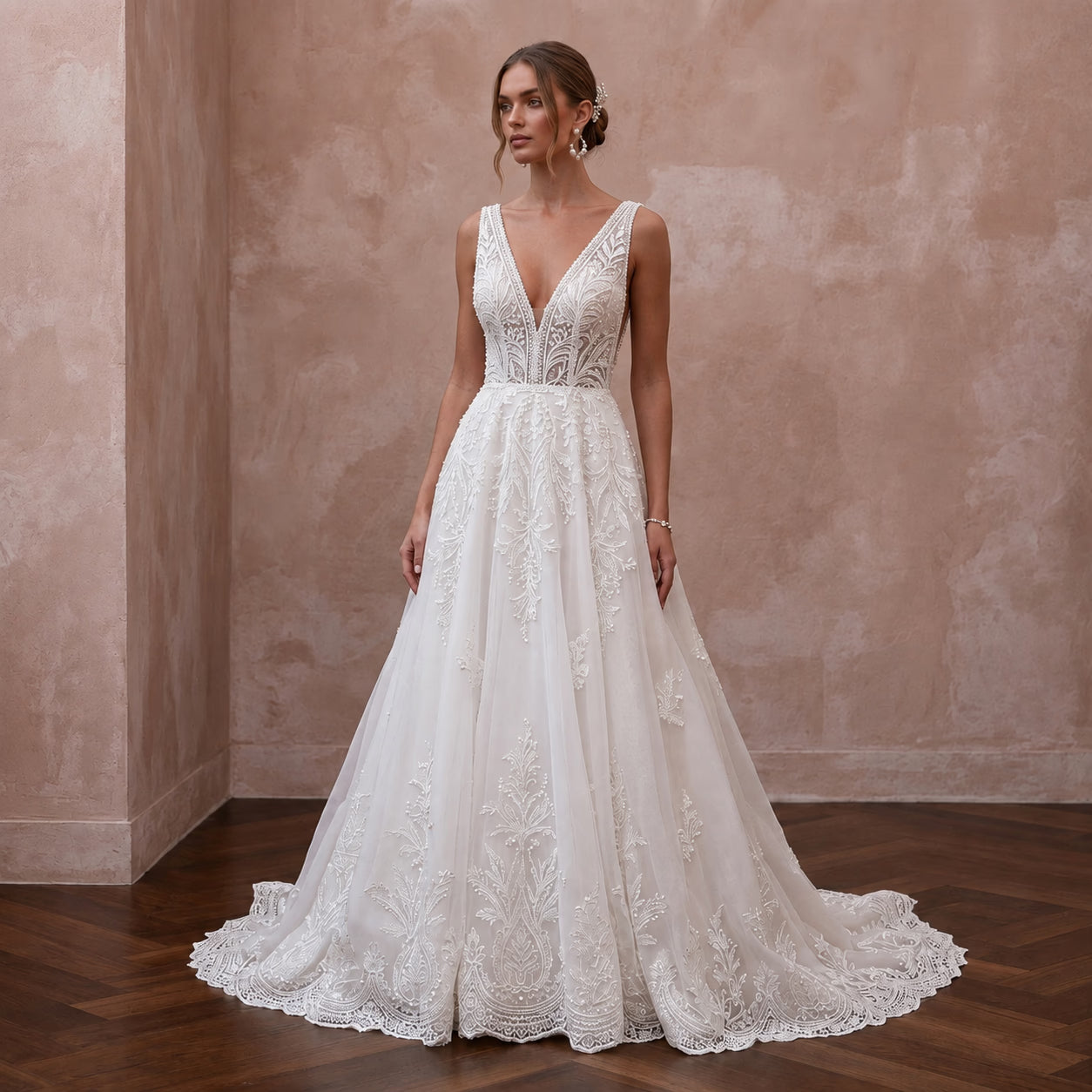 Classic Lace Wedding Dress with V-Neck and A-Line Silhouette