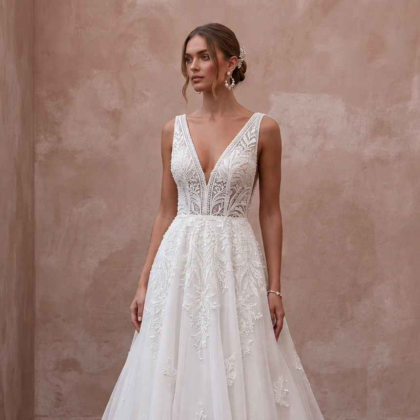 Classic Lace Wedding Dress with V-Neck and A-Line Silhouette