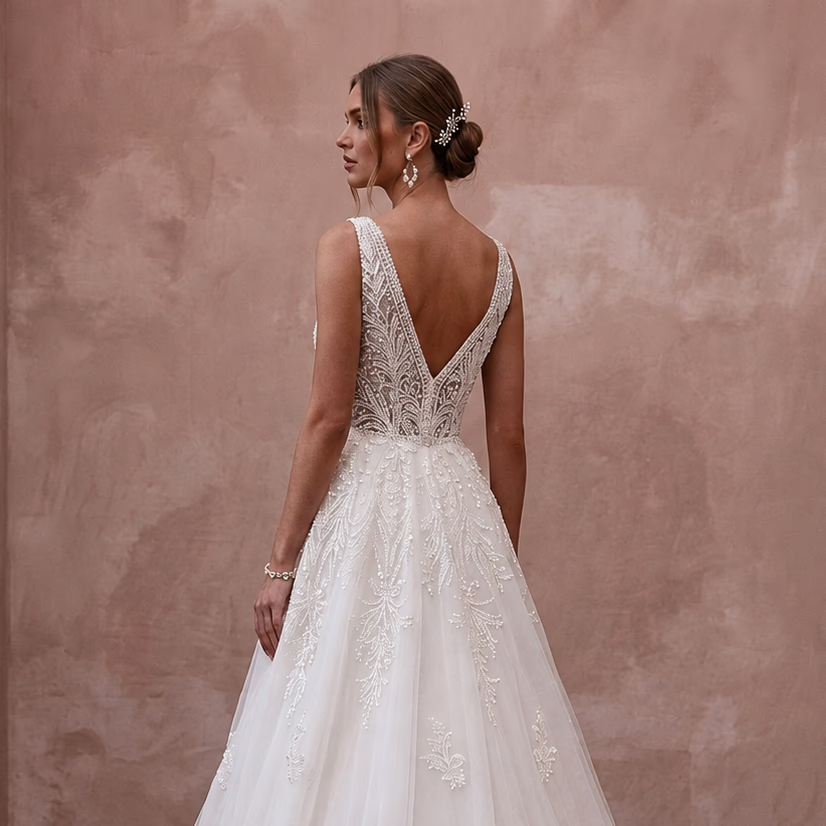 Classic Lace Wedding Dress with V-Neck and A-Line Silhouette