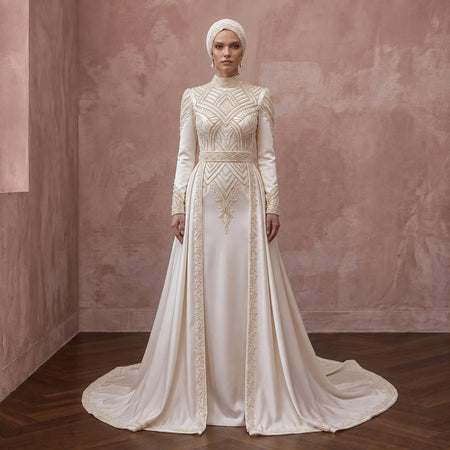 Classic Muslim Satin Wedding Dress with Long Sleeves