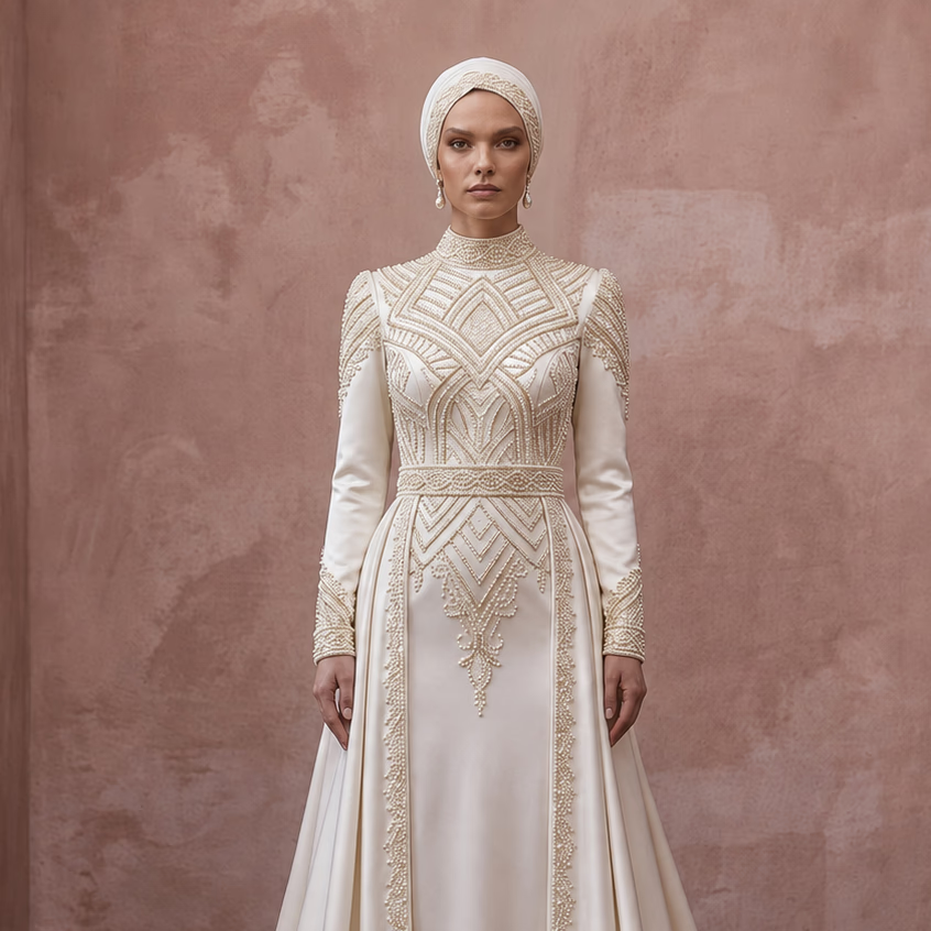 Classic Muslim Satin Wedding Dress with Long Sleeves