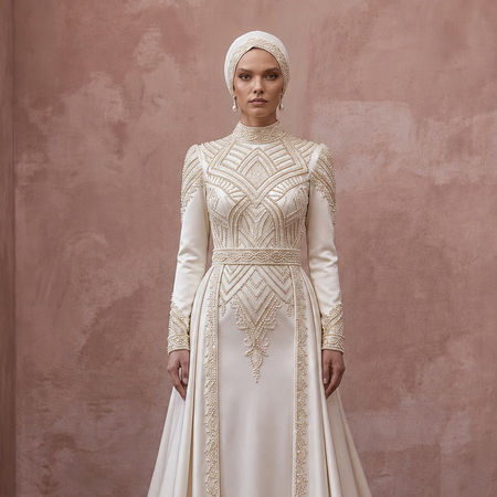 Classic Muslim Satin Wedding Dress with Long Sleeves