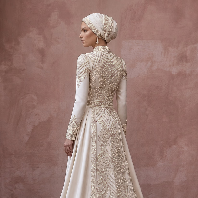 Classic Muslim Satin Wedding Dress with Long Sleeves
