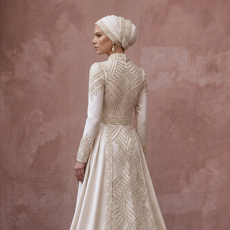 Classic Muslim Satin Wedding Dress with Long Sleeves