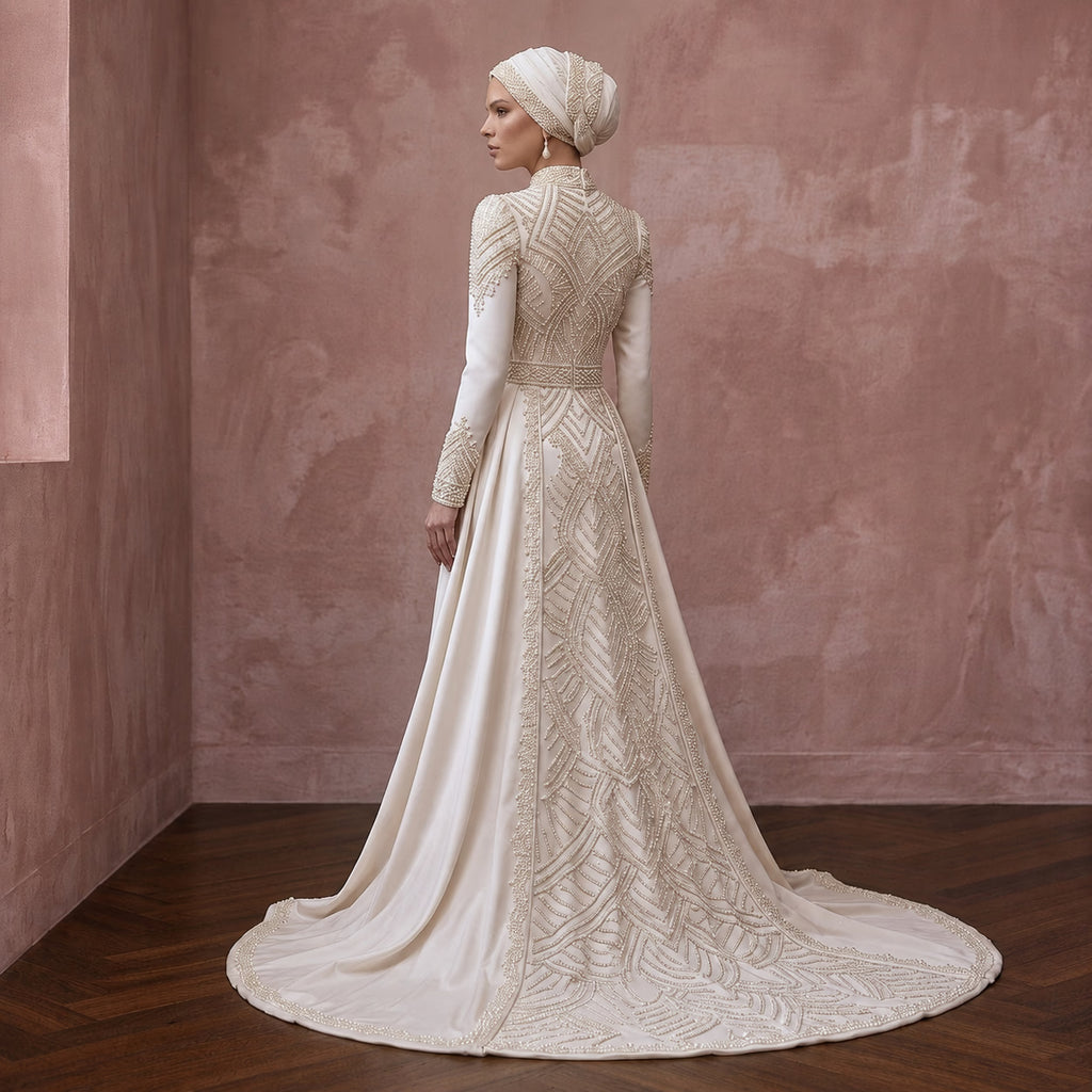 Classic Muslim Satin Wedding Dress with Long Sleeves