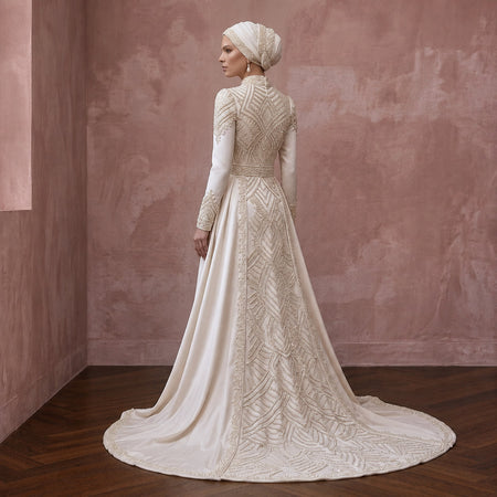 Classic Muslim Satin Wedding Dress with Long Sleeves