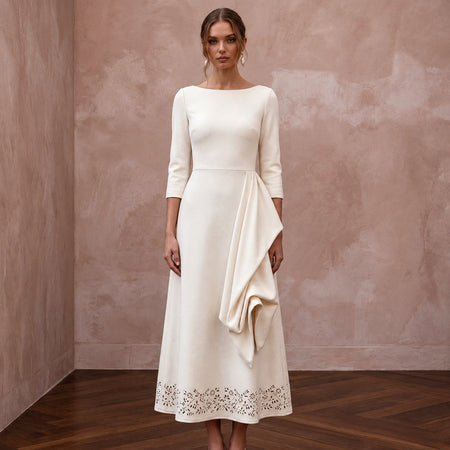 Classic Off-White Cashmere & Silk Midi Wedding Dress for Rehearsal Luncheon