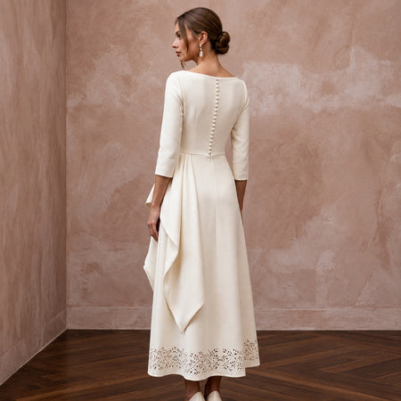 Classic Off-White Cashmere & Silk Midi Wedding Dress for Rehearsal Luncheon