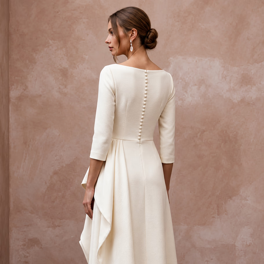Classic Off-White Cashmere & Silk Midi Wedding Dress for Rehearsal Luncheon