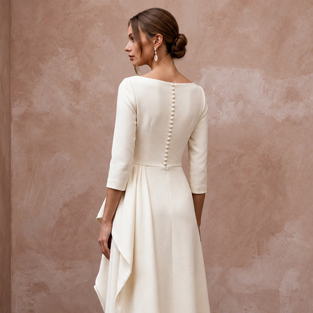 Classic Off-White Cashmere & Silk Midi Wedding Dress for Rehearsal Luncheon