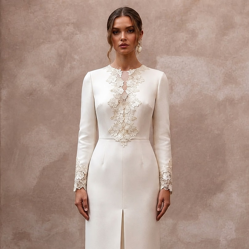 Classic Off - White Cashmere & Silk Midi for Rehearsal Luncheon - Apparel & Accessories > Clothing > Wedding & Bridal Party Dresses > Wedding Dresses - Mignonette Bridal