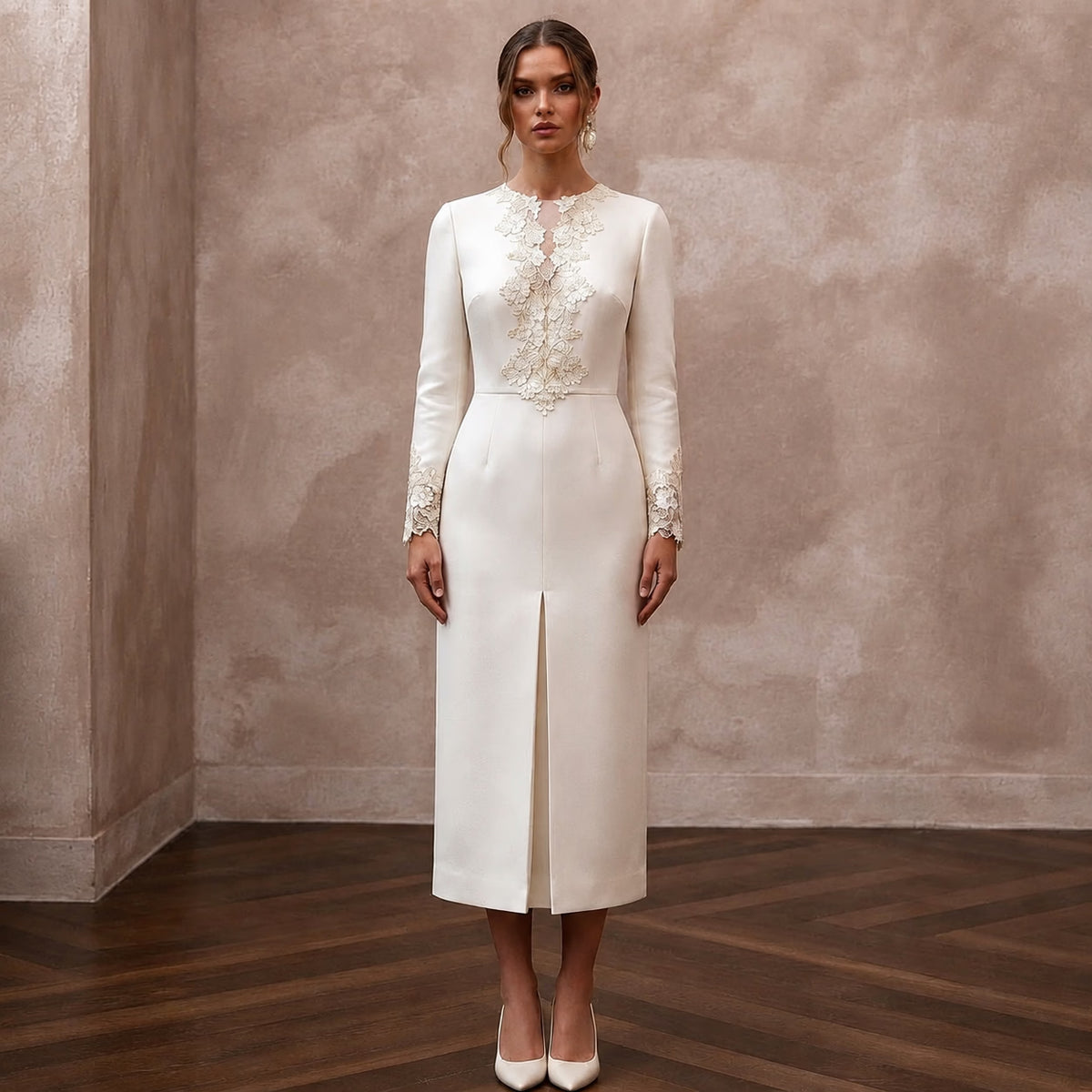 Classic Off - White Cashmere & Silk Midi for Rehearsal Luncheon - Apparel & Accessories > Clothing > Wedding & Bridal Party Dresses > Wedding Dresses - Mignonette Bridal