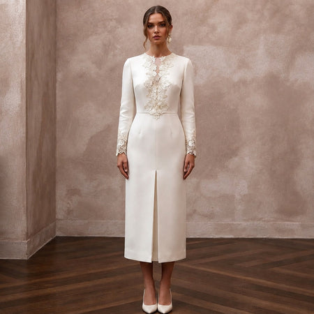 Classic Off - White Cashmere & Silk Midi for Rehearsal Luncheon - Apparel & Accessories > Clothing > Wedding & Bridal Party Dresses > Wedding Dresses - Mignonette Bridal