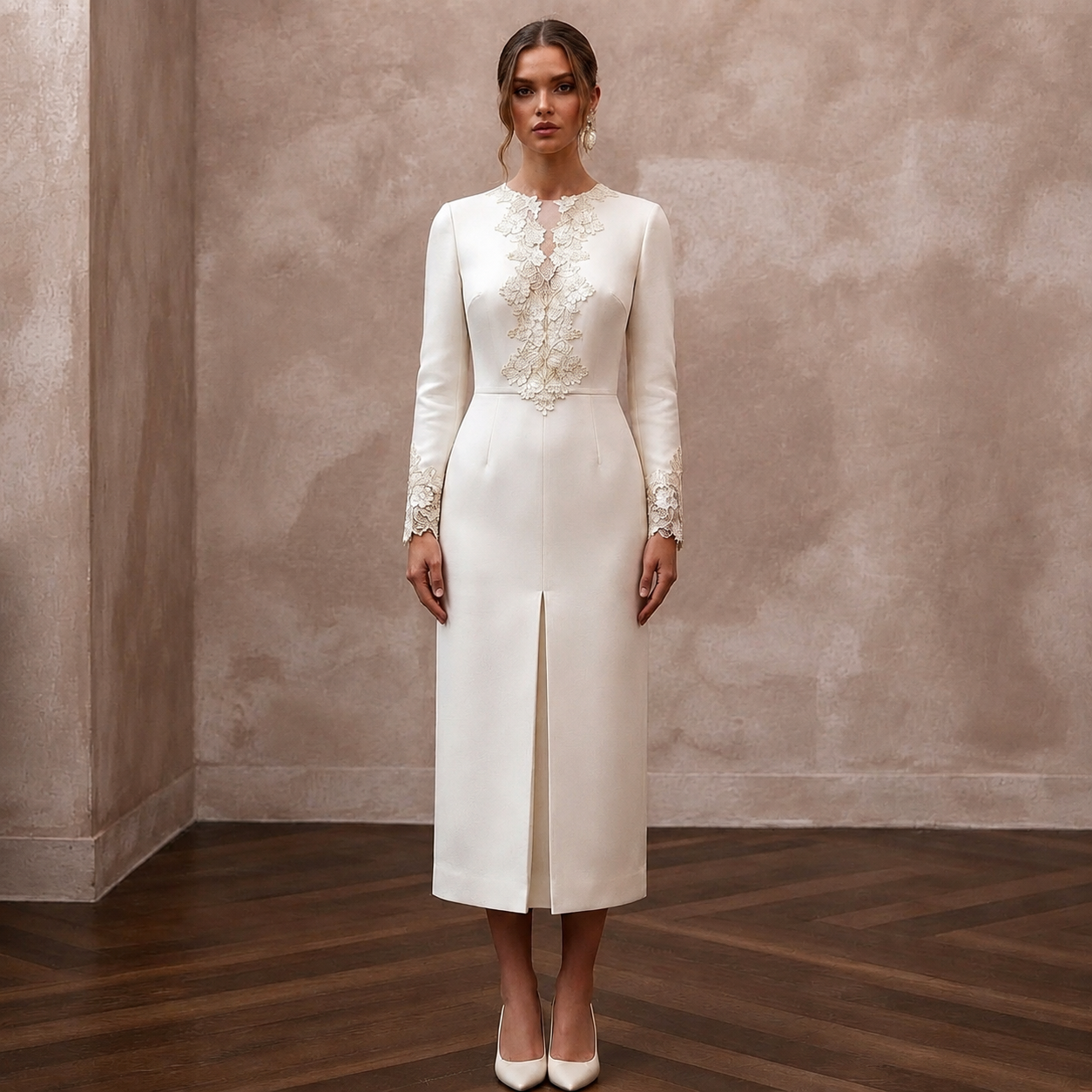 Classic Off-White Cashmere & Silk Midi for Rehearsal Luncheon